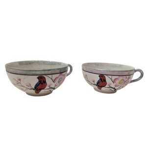 Iridescent Red Birds on Cherry Blossom Trees Tea Cups (Set of 2) Made in Japan